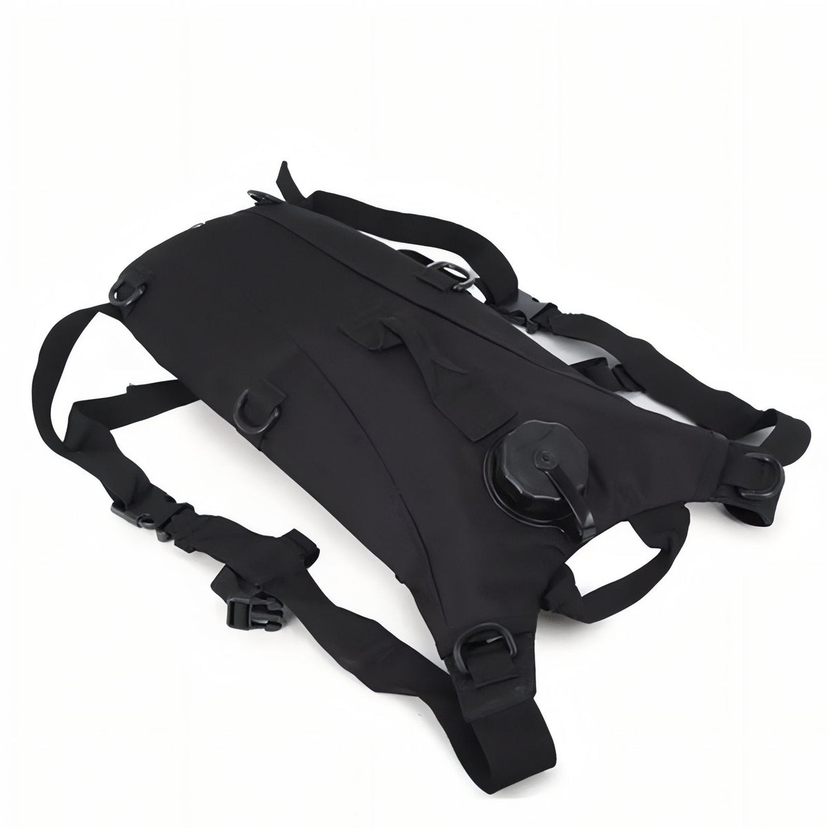 Black hydration pack lying flat with its straps spread out