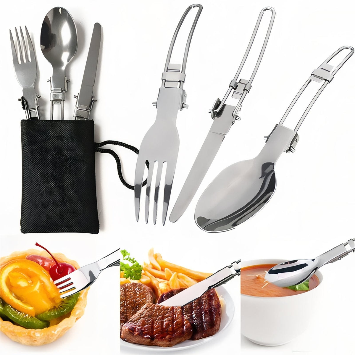 Folding spoon, fork and knife with their black pouch, shown unfolded and in use with food