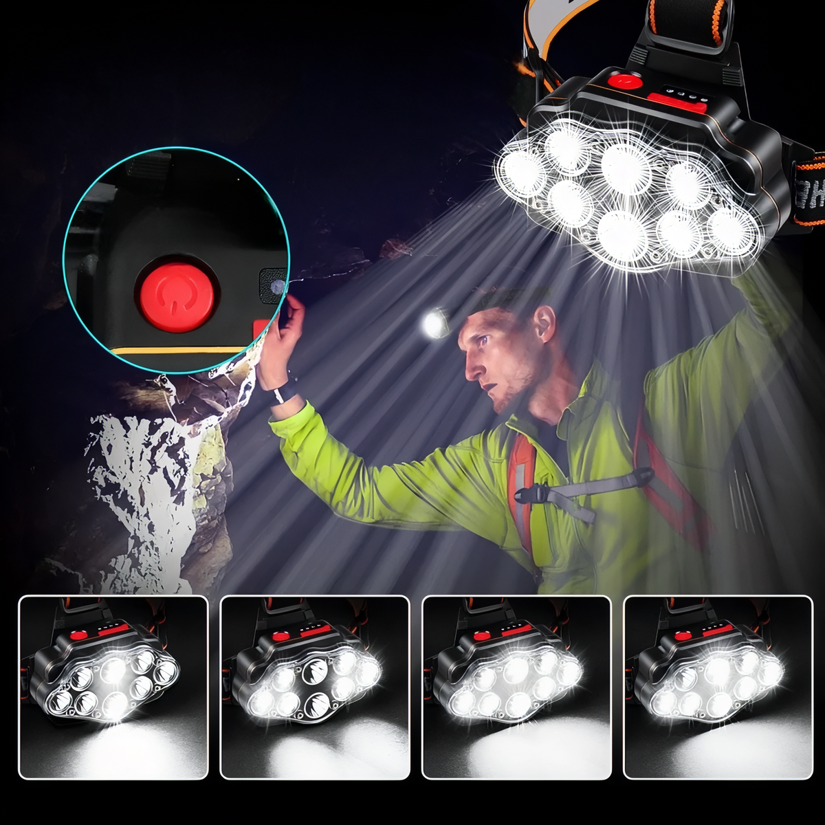 Hiker at night lit by the headlamp's broad beam, with an inset of the red power button