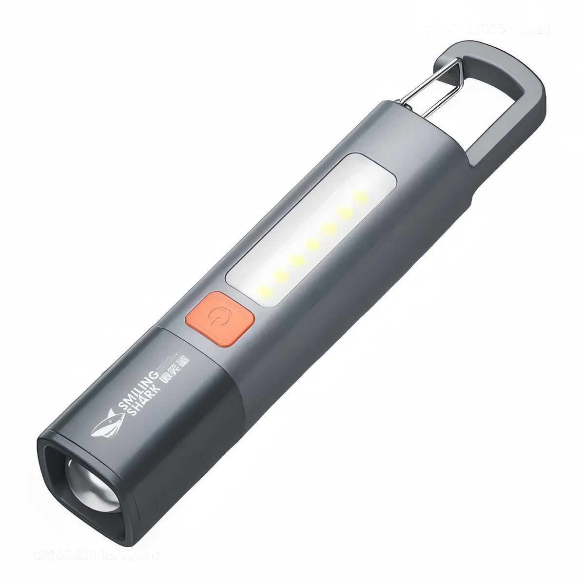 Grey rechargeable torch with a COB side light panel, an orange switch and a carabiner hook