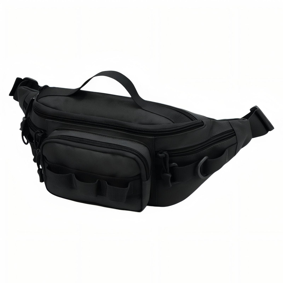 Black hip pack with a top grab handle and front gear loops