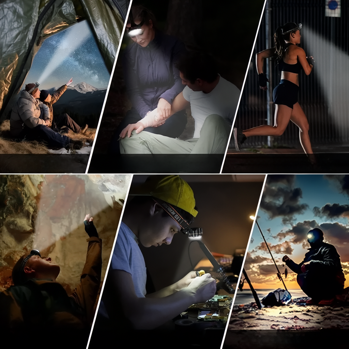 Six scenes of the headlamp in use: camping, reading, running, climbing, work and fishing