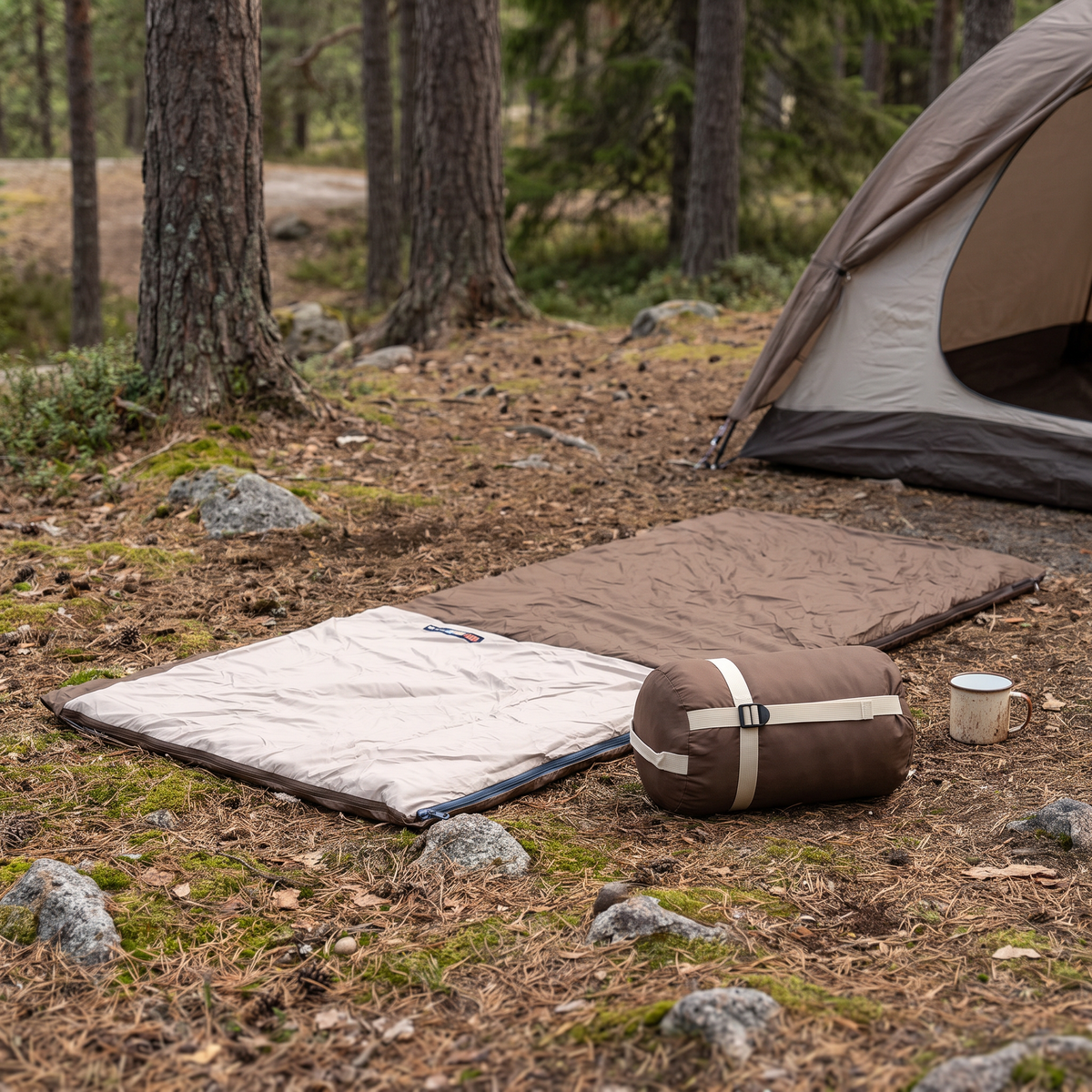 A brown envelope sleeping bag opened out on a pine-needle forest floor beside a tent, its cream lining folded back, with the strapped carry sack and an enamel mug beside it
