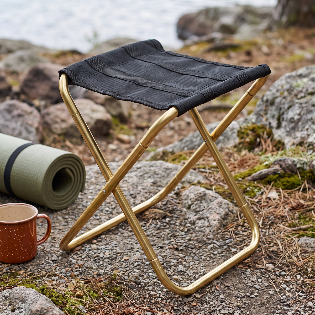 Compact folding camp stool with a gold aluminium X-frame and a black woven fabric seat unfolded on packed gravel at a lakeside campsite.