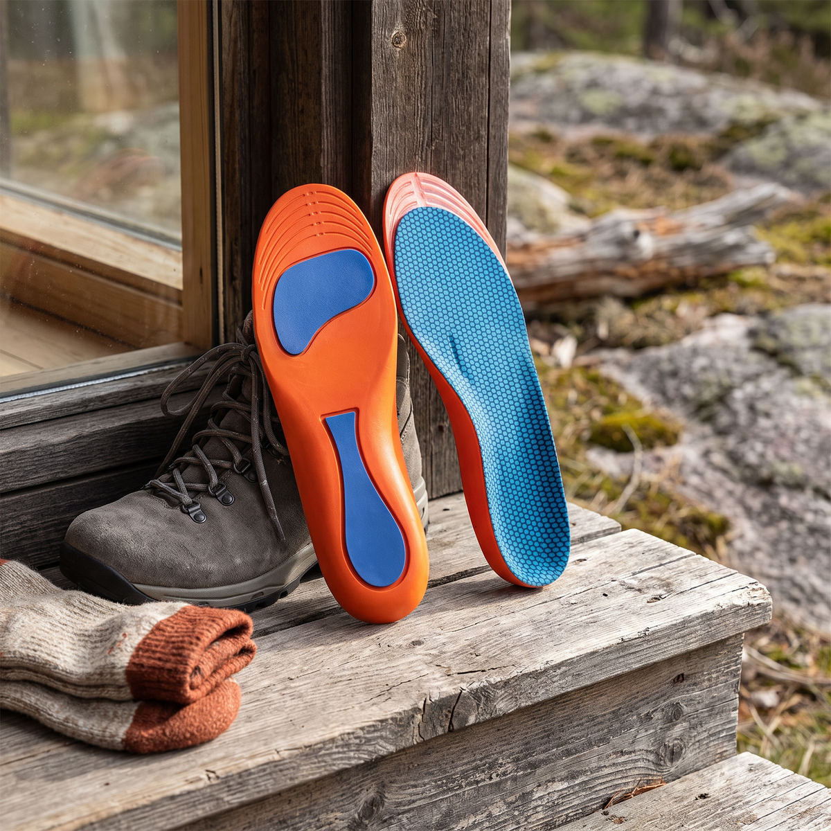 Orange and blue arch-support insoles standing beside a hiking boot on a wooden step