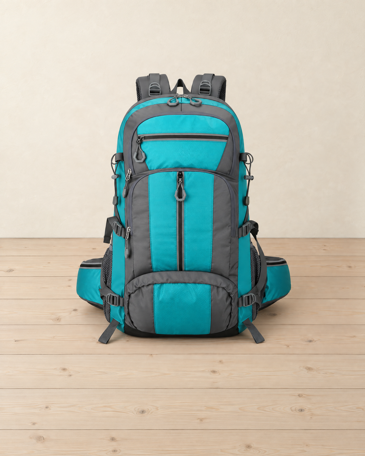 Turquoise and grey 55-litre hiking backpack standing on pale pine floorboards against a cream plaster wall