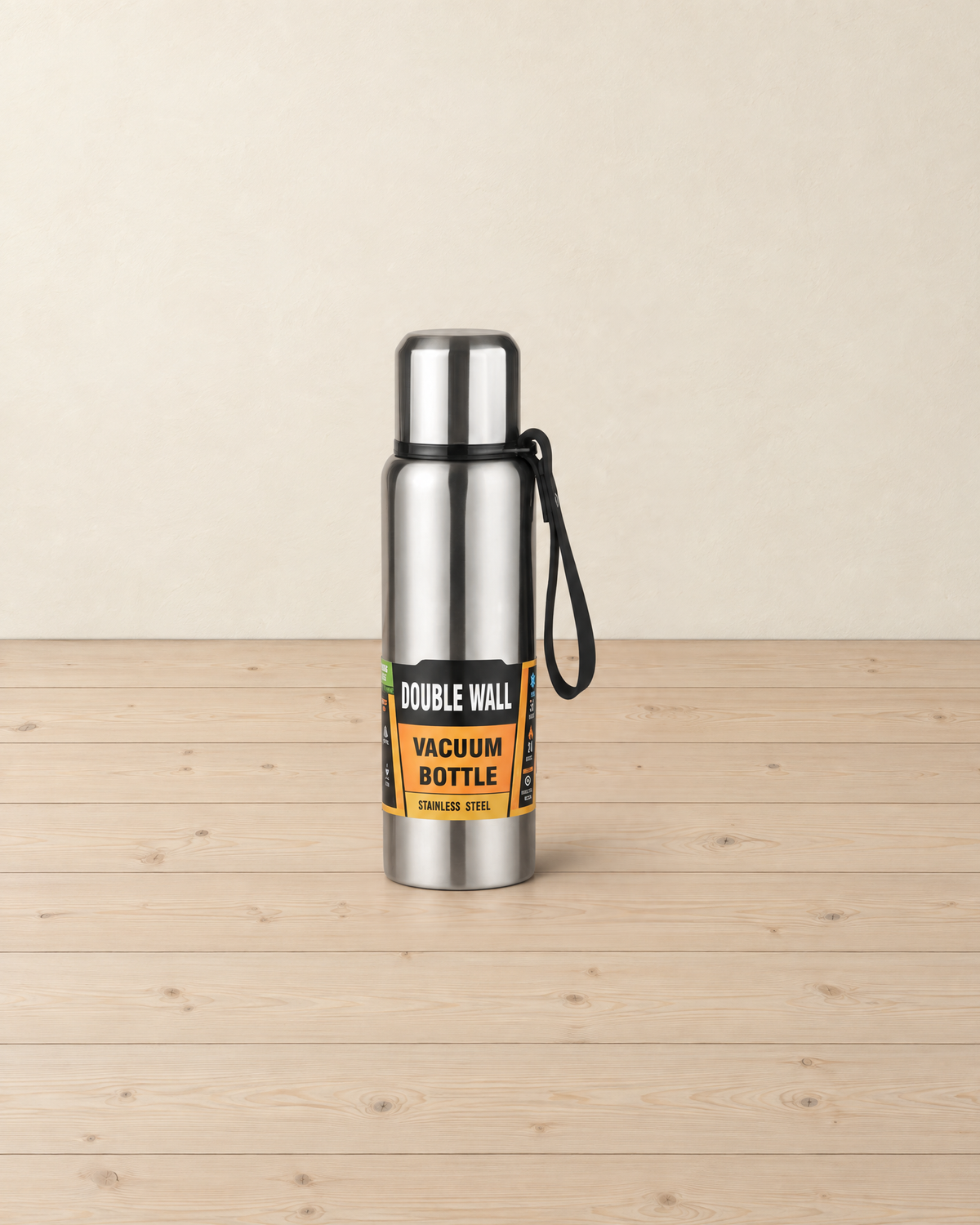 Silver stainless steel vacuum flask with a steel cup lid, black carry loop and Double Wall Vacuum Bottle wrap label, on a pale pine floor