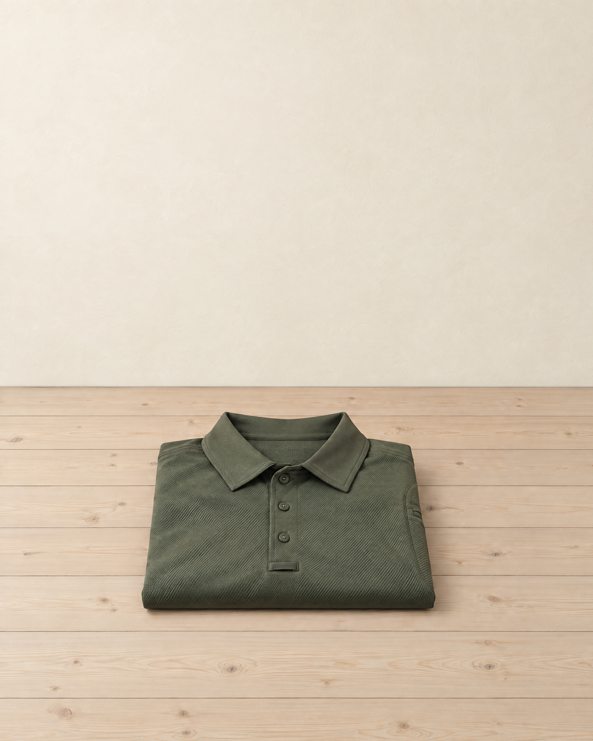 Army green men's short-sleeved hiking polo shirt folded on a pale pine floor, showing the flat collar, the three-button placket with its small loop and the sleeve pocket edge