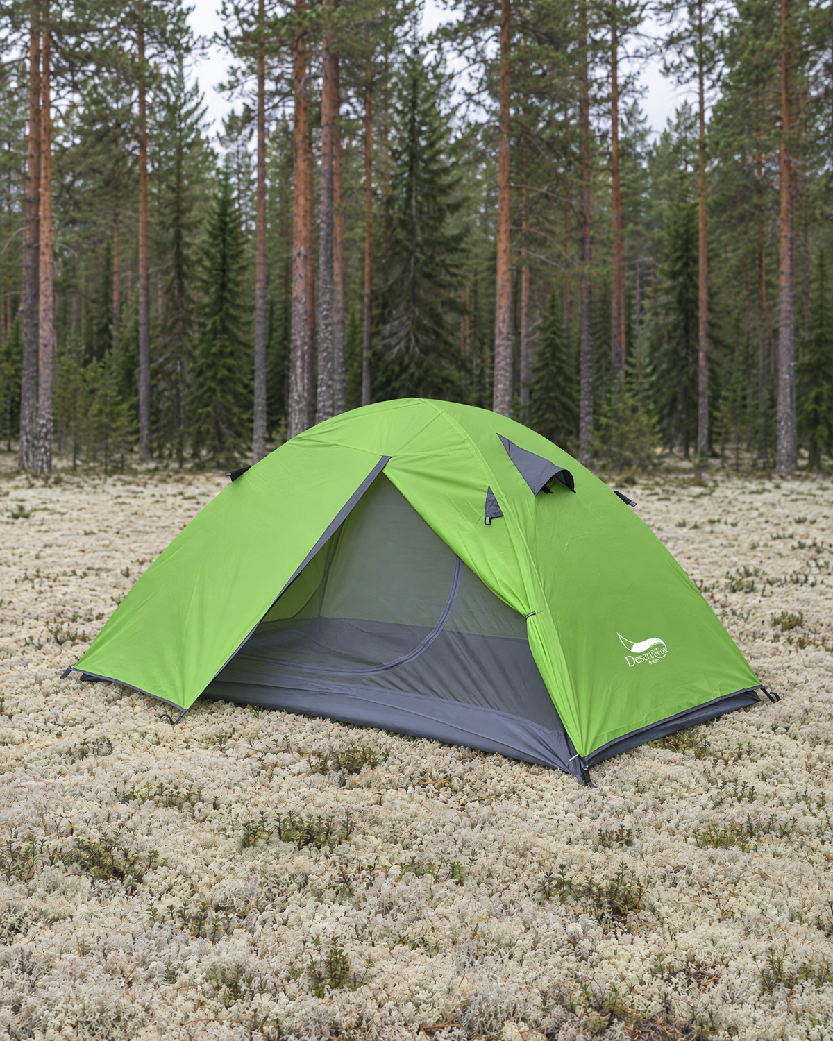 Lime green two-person dome tent pitched on pale reindeer lichen at the edge of a pine forest, its door open to the grey mesh inner tent