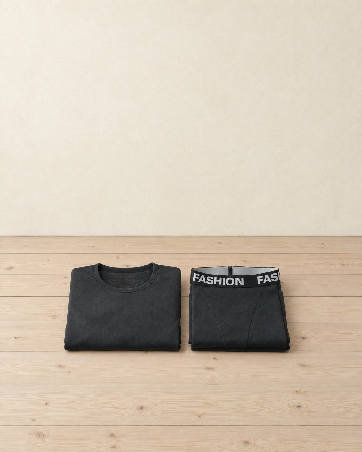 Black men's thermal base layer top and leggings folded side by side on a pale pine floor, the leggings' waistband printed FASHION