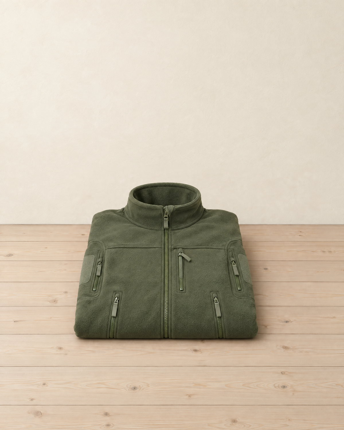 Olive green men's tactical fleece jacket folded on a pale pine floor, showing the stand collar, centre zip, chest zip pocket, hand pockets and zipped sleeve pockets with blank patches