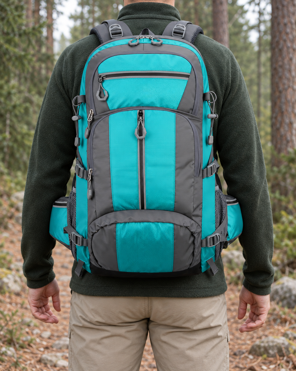 The turquoise and grey hiking backpack worn by a hiker in a green fleece on a pine forest trail, seen from behind