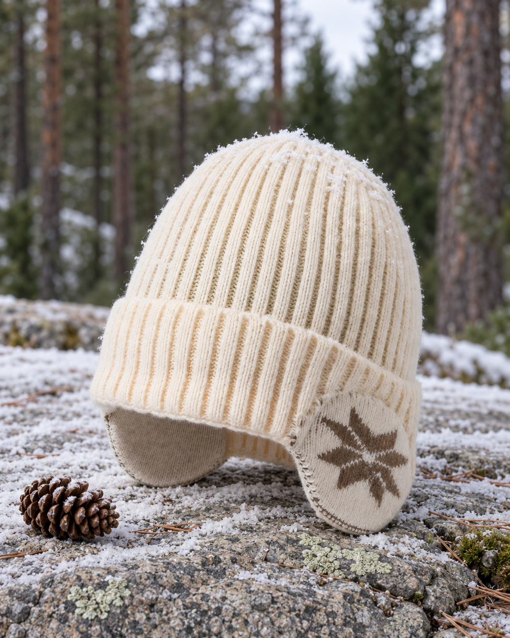 Cream knit beanie with snowflake ear flaps standing on snow-dusted granite beside a pine cone at the forest edge