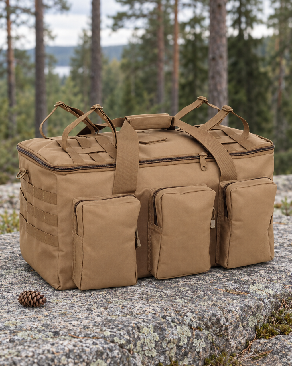 Coyote brown 55 L tactical duffel bag standing on a granite ledge by a pine forest, a pine cone in front for scale