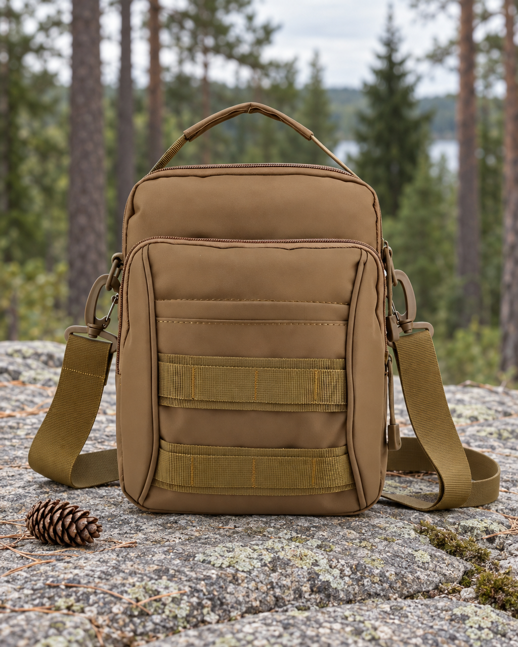 Coyote brown tactical shoulder bag standing on a granite ledge by a pine forest, its strap lying beside it and a pine cone for scale