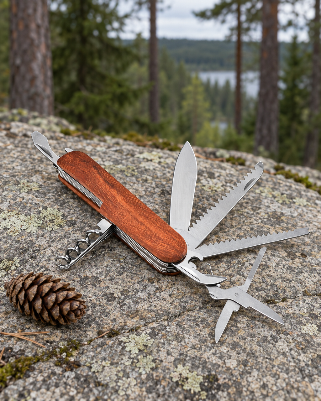 Wooden pocket multitool lying open on a granite ledge beside a pine cone, its blade, saws and scissors fanned out