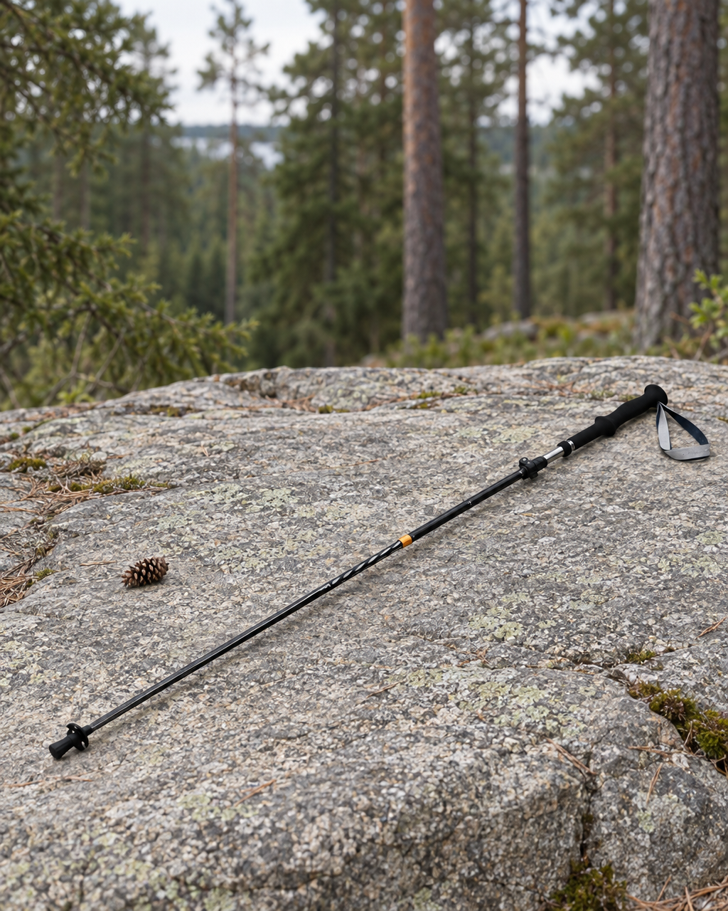 Black folding trekking pole lying extended on a granite ledge beside a pine cone, pine forest behind