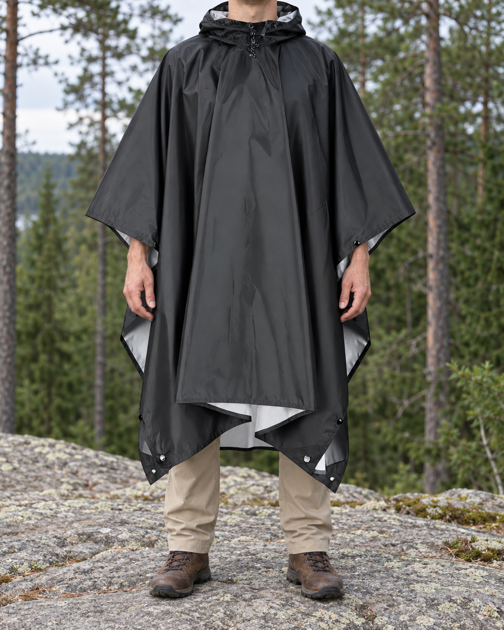 Man wearing the black hooded rain poncho with the hood down, its pale grey underside showing at the edges and snaps and grommets at the hem, on a granite ledge by a pine forest