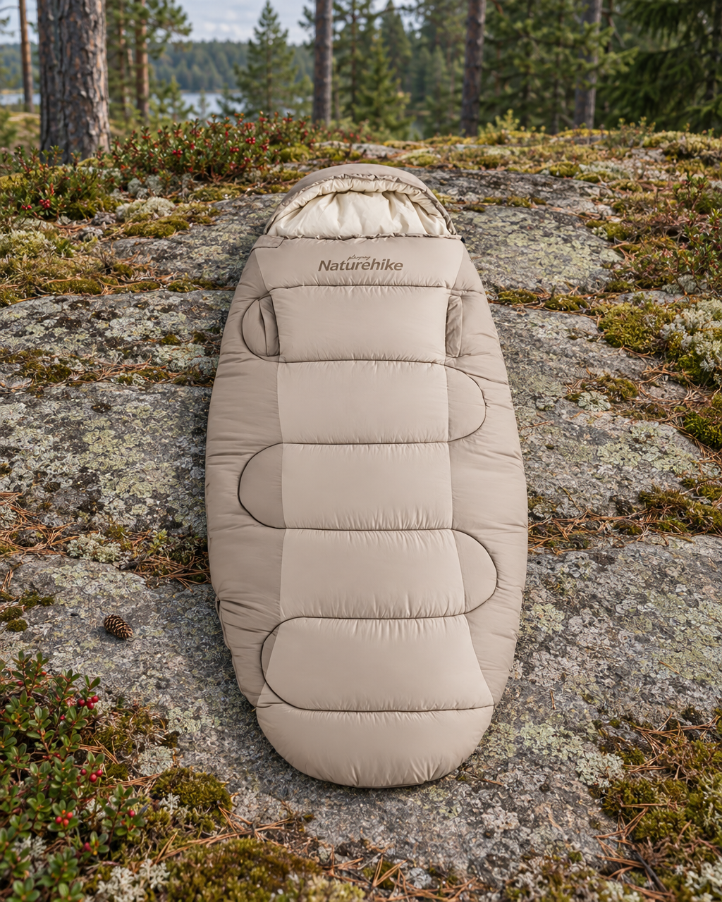 Light beige wide hooded sleeping bag laid out on a granite slab among moss and lingonberry, hood at the far end