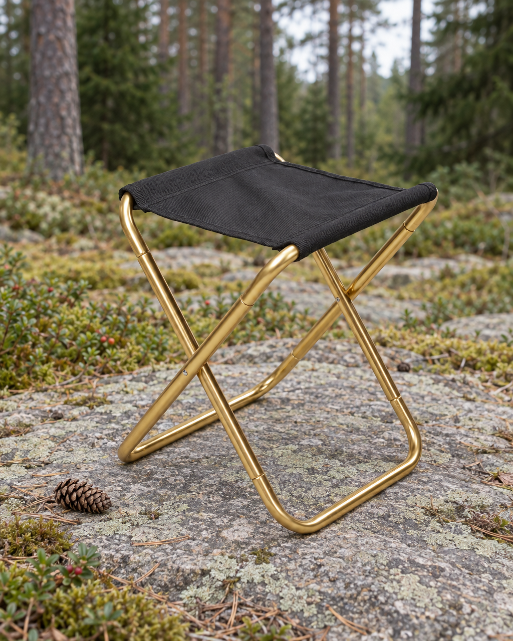 Gold folding camp stool with a black seat standing on a lichen-covered granite slab at the edge of a pine forest