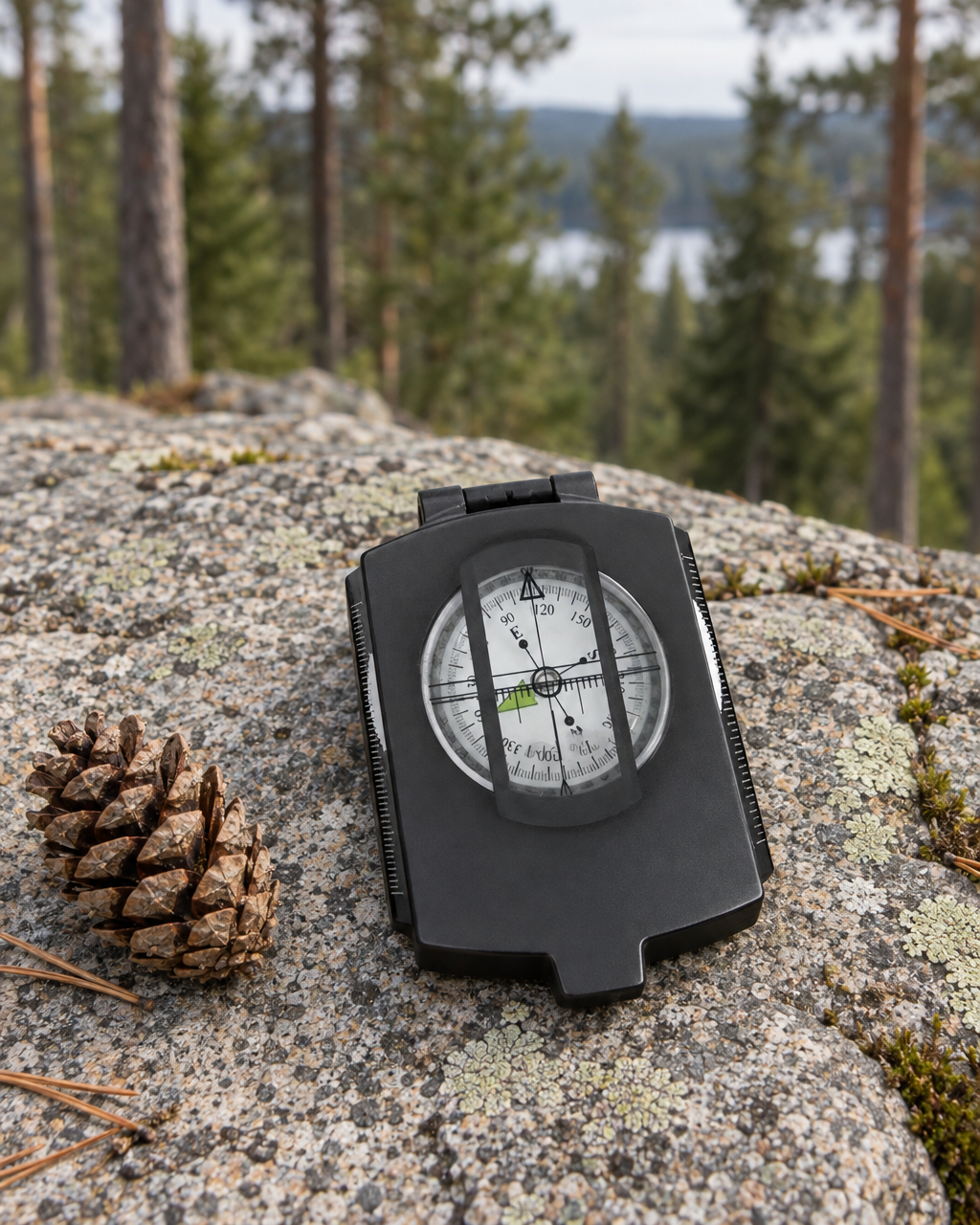 Closed black lensatic compass lying on a granite ledge beside a pine cone at the edge of a pine forest