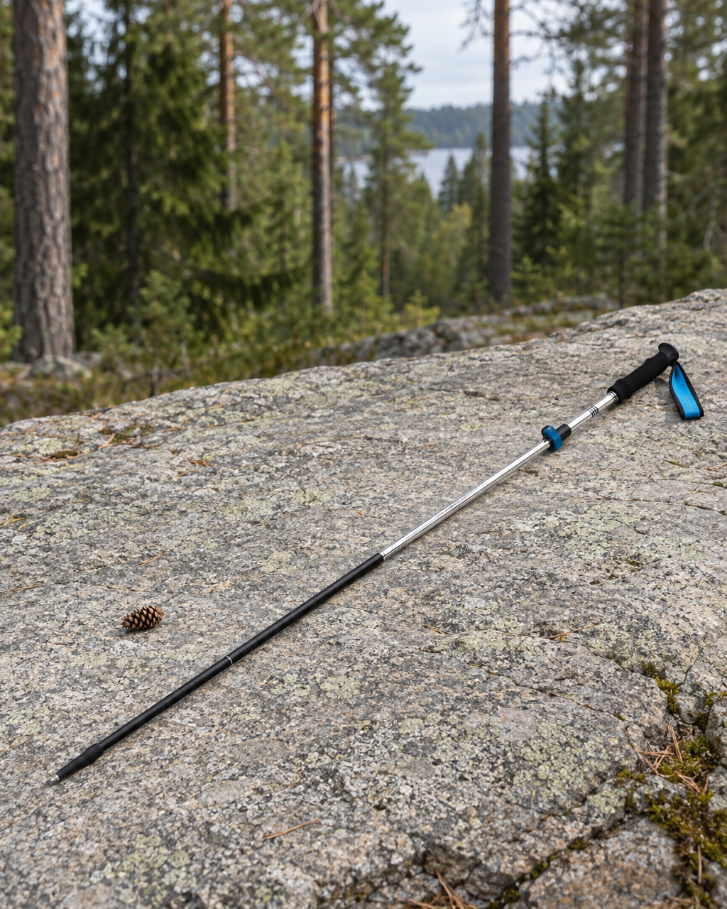 Silver and black folding trekking pole lying diagonally on a granite ledge beside a pine cone, a pine forest and lake behind