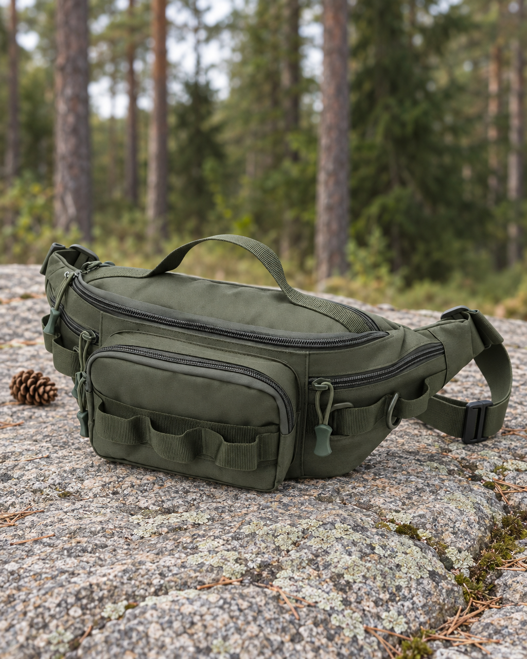Army green hip pack resting on a lichen-covered granite ledge in a pine forest, its belt looped beside it