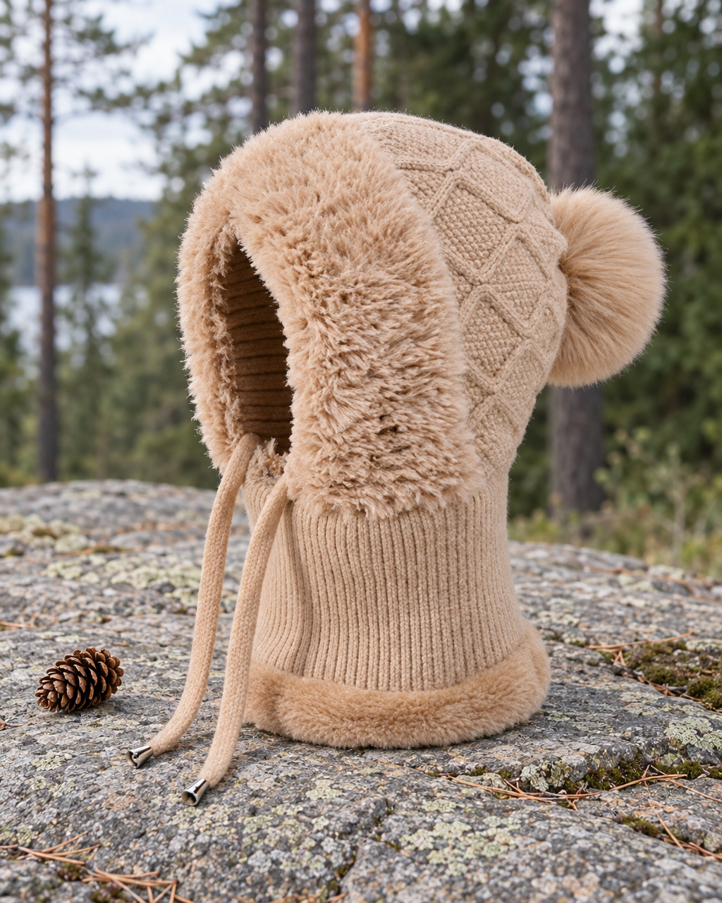 Brown balaclava hood with faux-fur trim and pompom standing on a granite ledge at the forest edge, a pine cone beside it