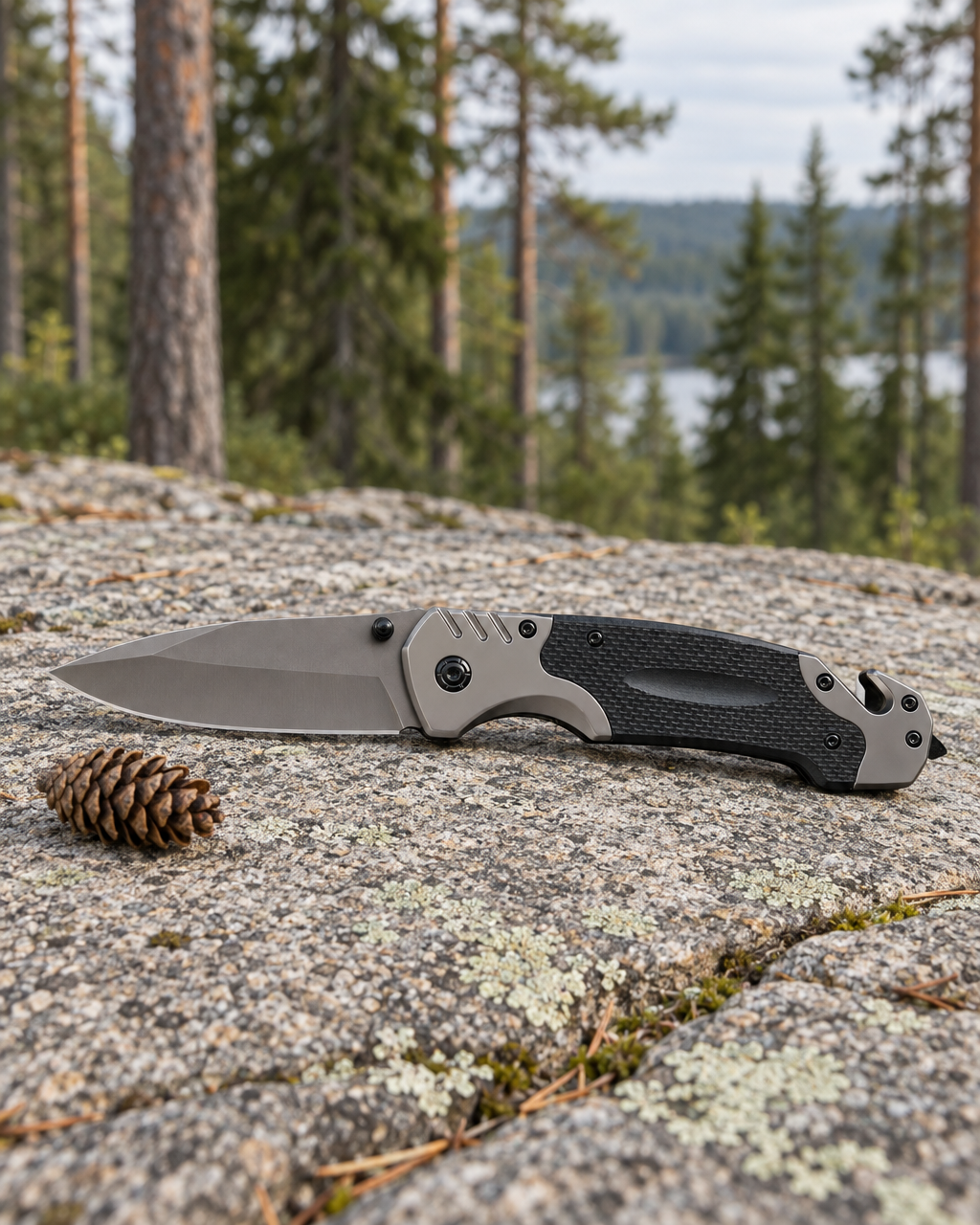 Open folding knife lying on a granite ledge beside a pine cone, strap cutter and glass breaker at the handle's end