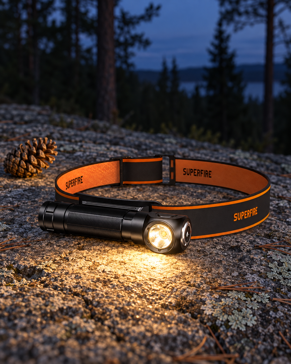 The right-angle torch headlamp switched on at blue hour on a granite ledge, its beam lighting the stone