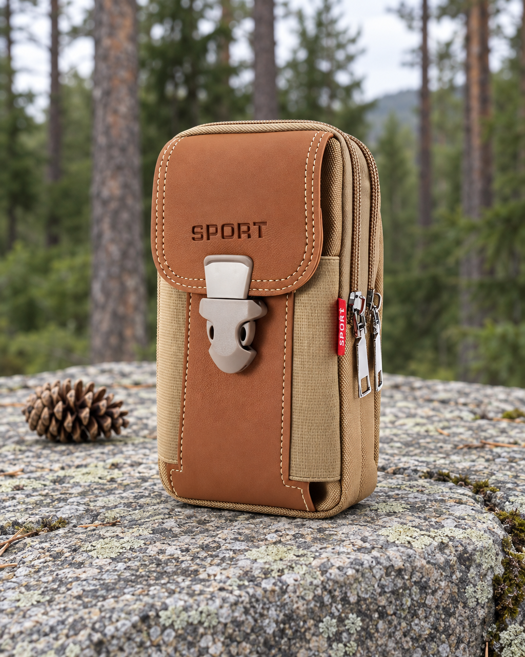 Brown and tan vertical belt pouch standing on a granite ledge beside a pine cone, pine forest behind