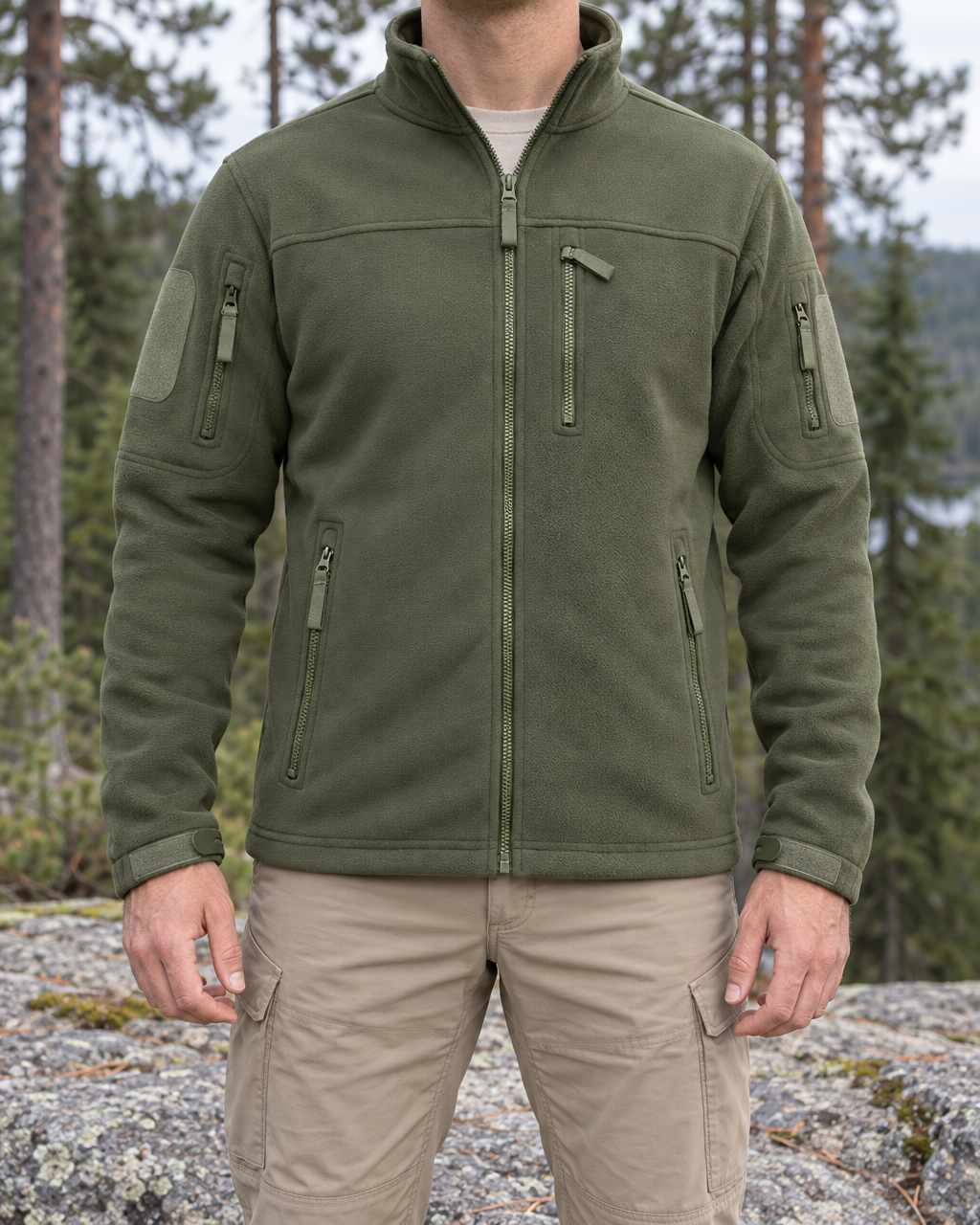 Man wearing the olive green tactical fleece jacket zipped to the chest over a cream top and beige trousers, standing on a granite ledge at the edge of a pine forest