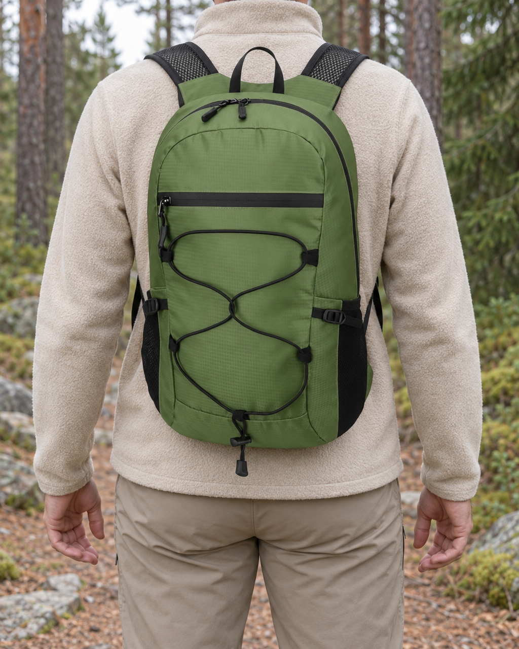 Hiker seen from behind on a pine forest trail wearing the army green packable daypack over an oatmeal fleece