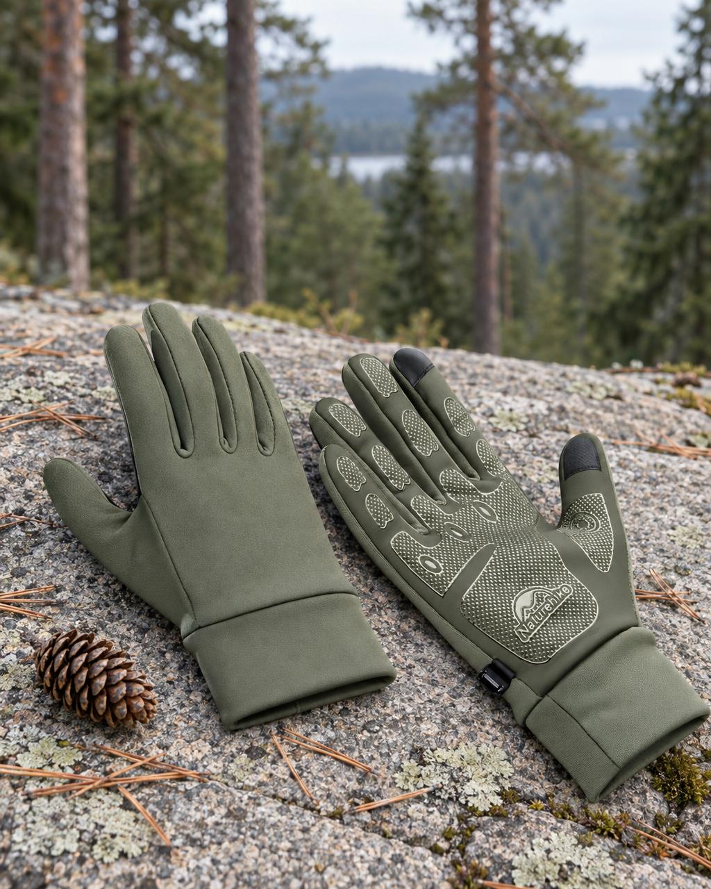Army green stretch hiking gloves lying on a granite ledge beside a pine cone, the palm grip and touchscreen tips showing