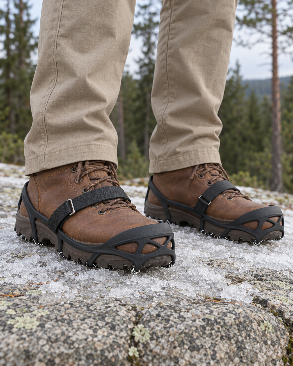 Black coil ice grips fitted over brown leather hiking boots on icy granite, lower legs in beige trousers