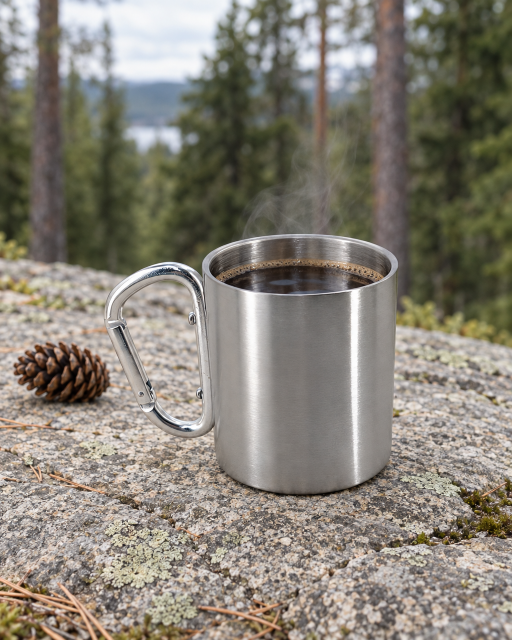 Stainless steel carabiner mug filled with steaming black coffee on a granite ledge in a pine forest
