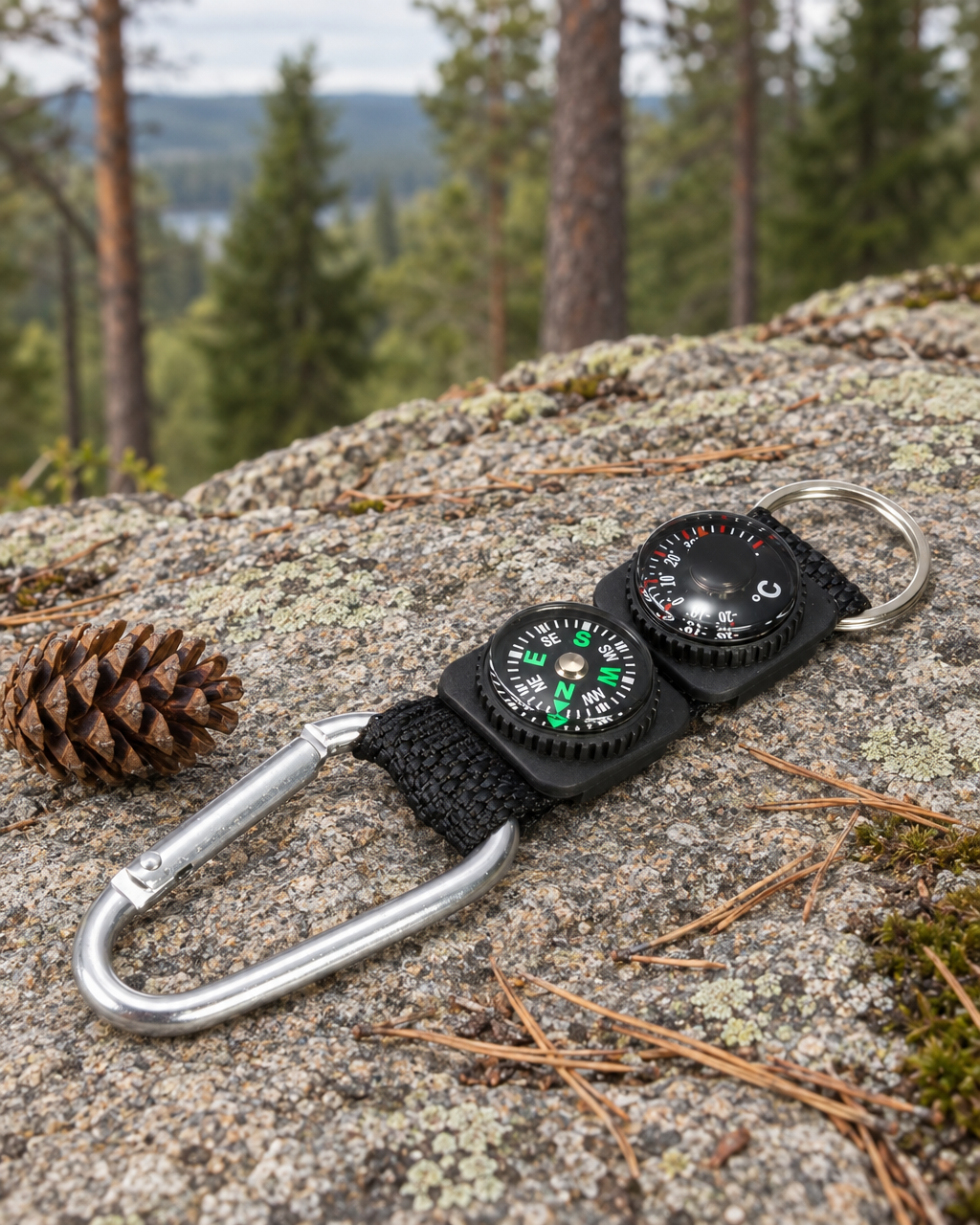 Compass and thermometer keyring lying on a lichen-covered granite ledge beside a pine cone, pine forest behind