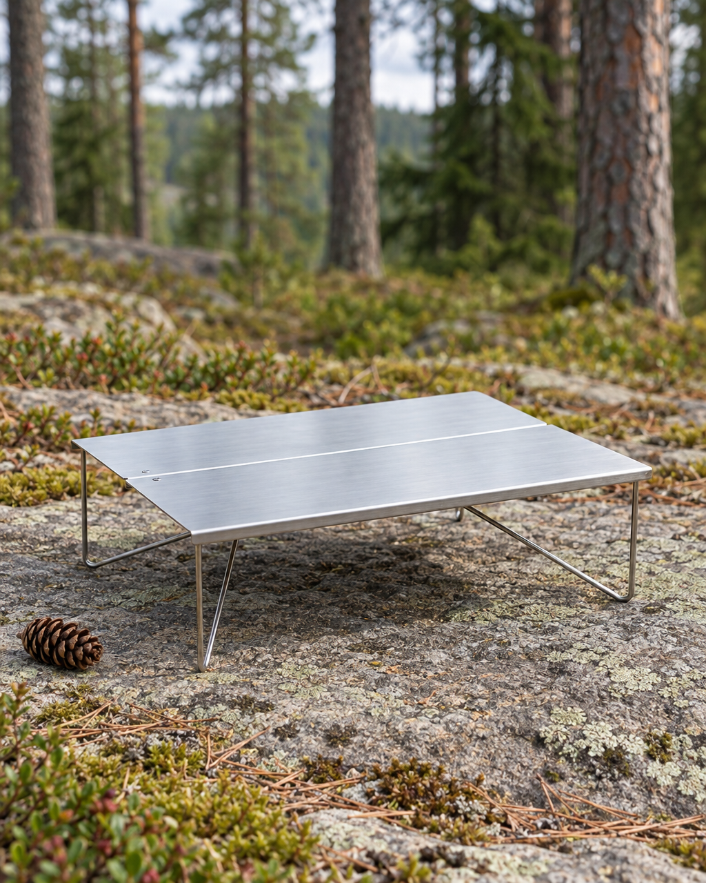 Stainless steel folding mini camping table with wire legs standing on a lichen-covered granite slab at the edge of a pine forest