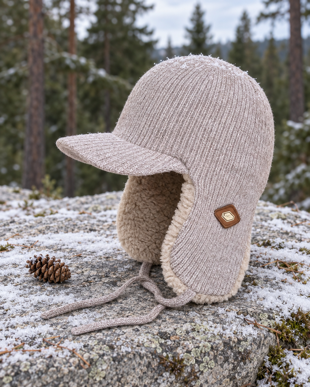 Beige knitted trapper hat with plush ear flaps standing on snow-dusted granite beside a pine cone at the forest edge
