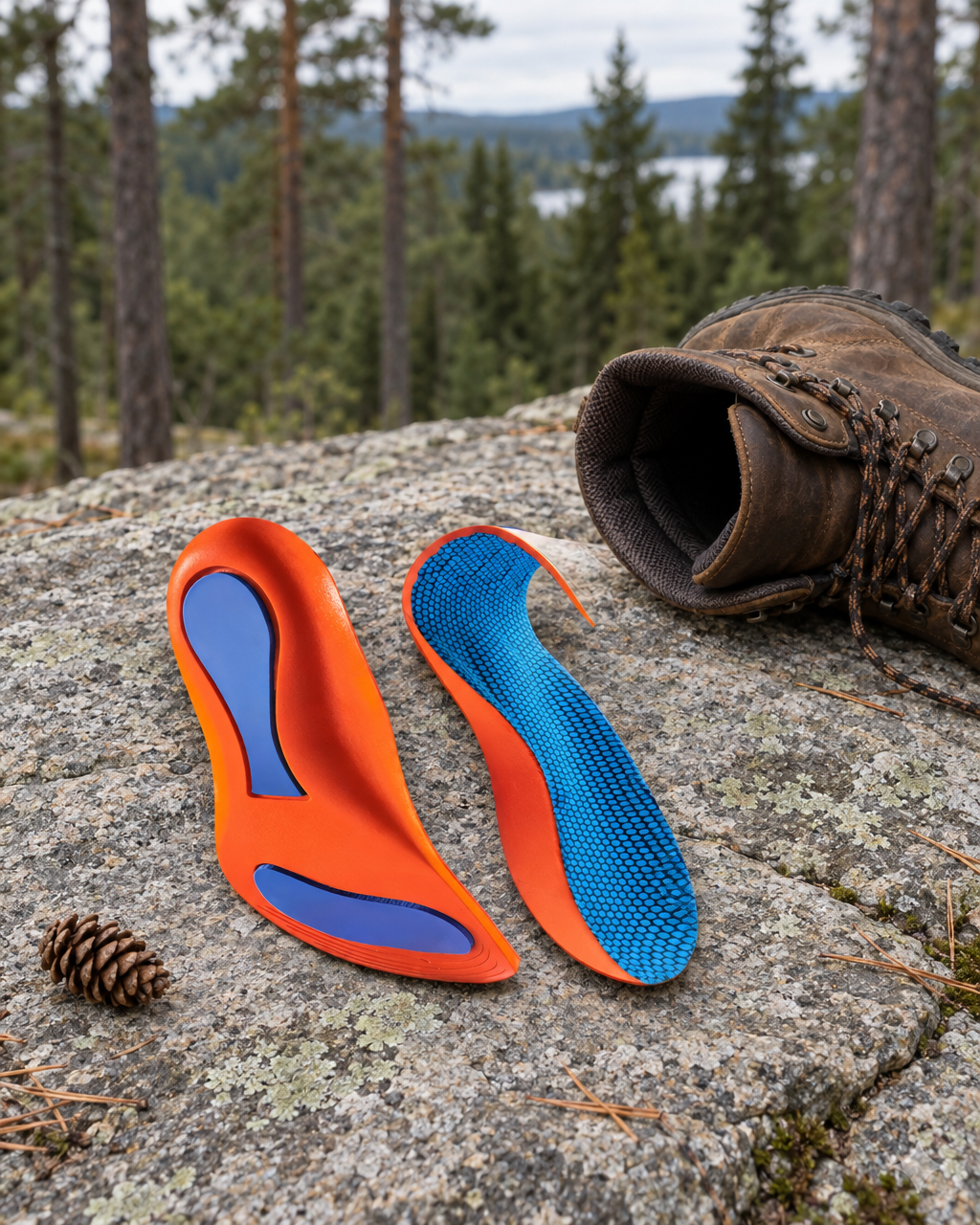 Orange and blue arch-support insoles on a granite ledge beside a brown leather hiking boot and a pine cone
