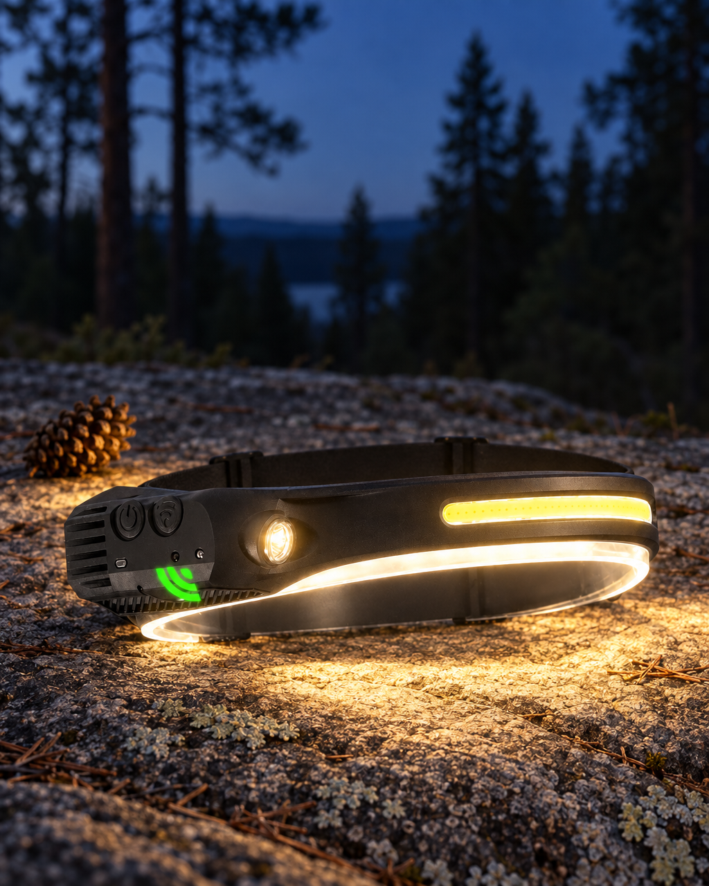 The headlamp switched on at dusk on a granite ledge, its light band and spotlight glowing, a pine cone beside it