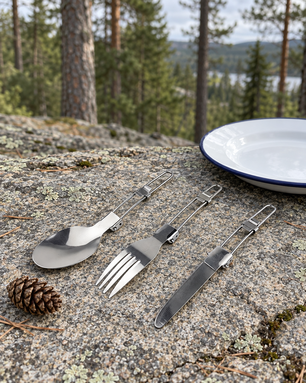 Folding stainless steel spoon, fork and table knife on a granite ledge beside a white enamel camp plate, a pine cone for scale