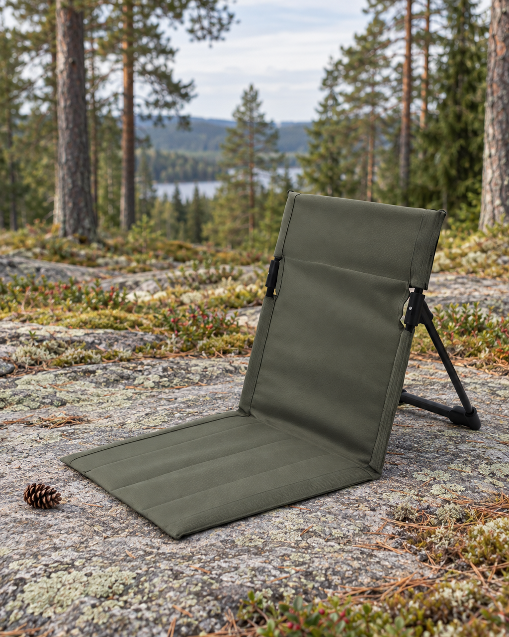 Olive green ground chair set up on a granite slab beside a pine cone, pine forest and a lake behind