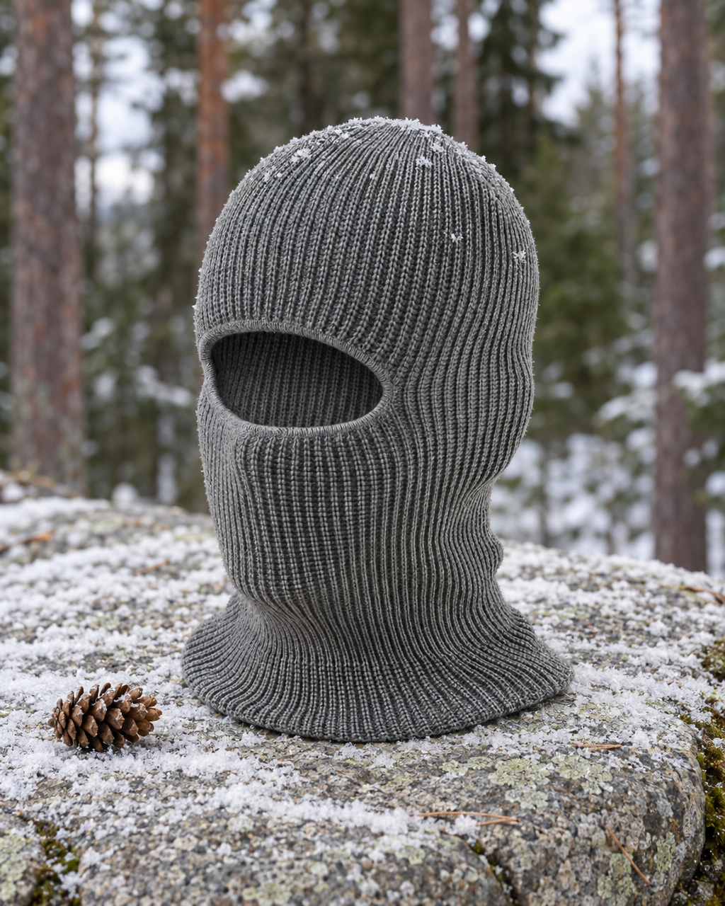 Grey rib-knit balaclava with one eye opening standing on a snow-dusted granite ledge beside a pine cone, a pine forest behind