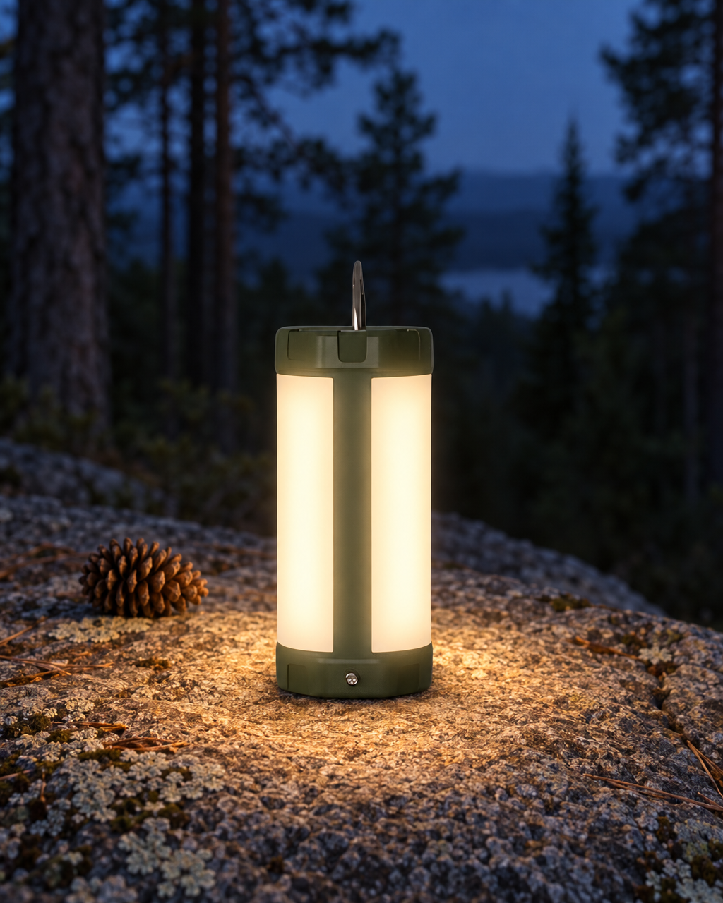 The camping lantern switched on with a warm glow, standing on a granite ledge beside a pine cone at the edge of a pine forest at dusk
