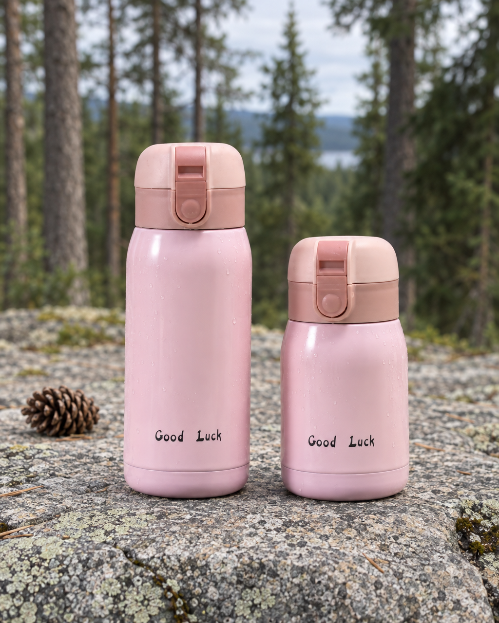 Two pink mini insulated bottles with drops of condensation standing on a granite ledge beside a pine cone