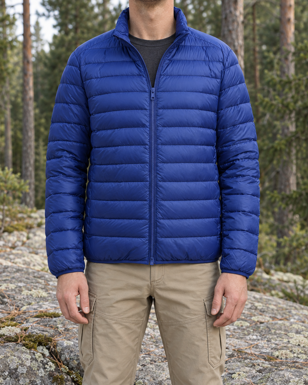 Man wearing the royal blue packable puffer jacket zipped to the chest over a charcoal top and beige trousers, standing on a granite ledge by a pine forest
