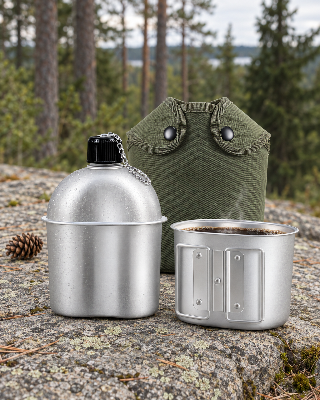 The aluminium canteen with its cup of steaming coffee and the green cover on a granite ledge by a pine forest