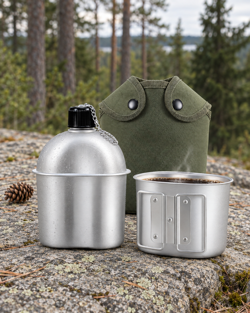 The aluminium canteen with its cup of steaming coffee and the green cover on a granite ledge by a pine forest