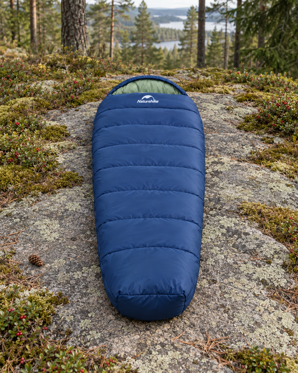 Navy blue mummy sleeping bag laid out on a granite slab among moss and lingonberry, hood with its green lining at the far end
